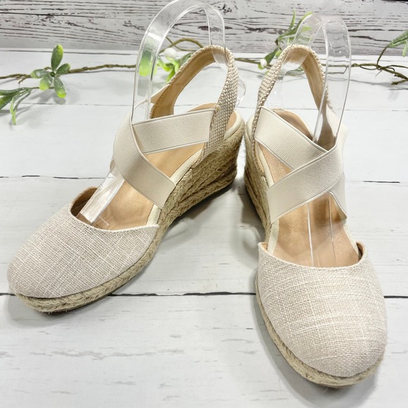 unknown Shoes - Women Cream Espadrilles Wedge Sandals Elastic Strap Close Toe Shoes -8